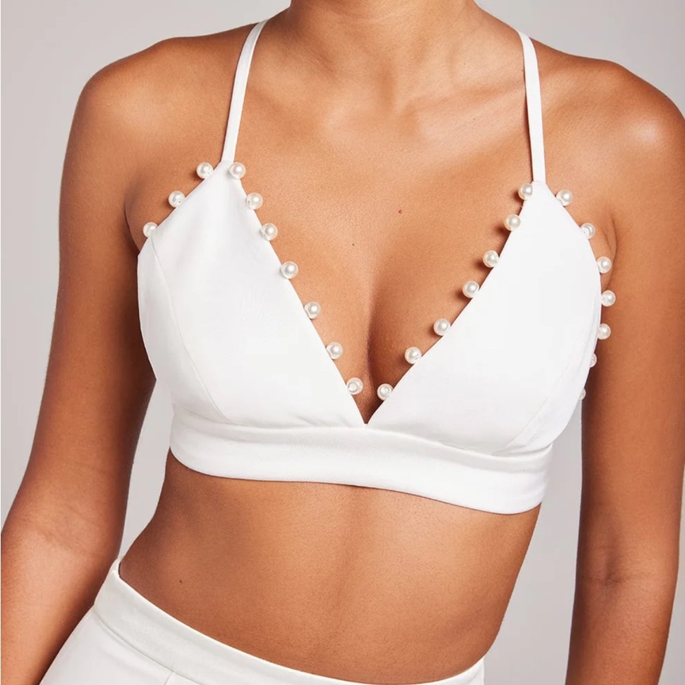 NADINE MERABI White Pearl Embellished Crop Top
